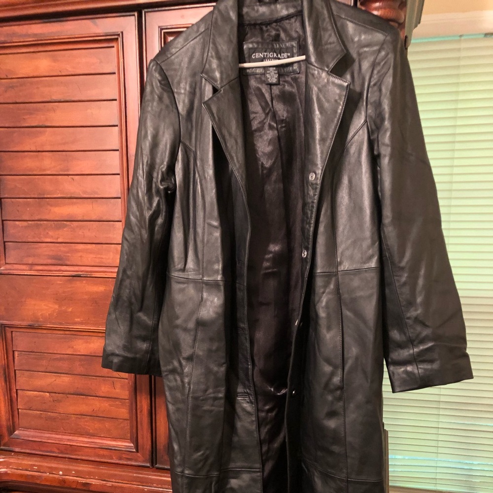 Long black leather coat